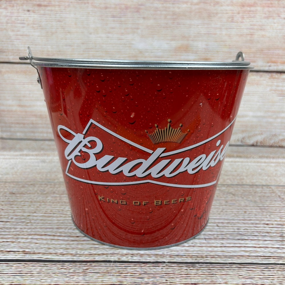 NEW Budweiser King of Beers Metal Ice Bucket 4 Pint Glass Barware Set Red Gift